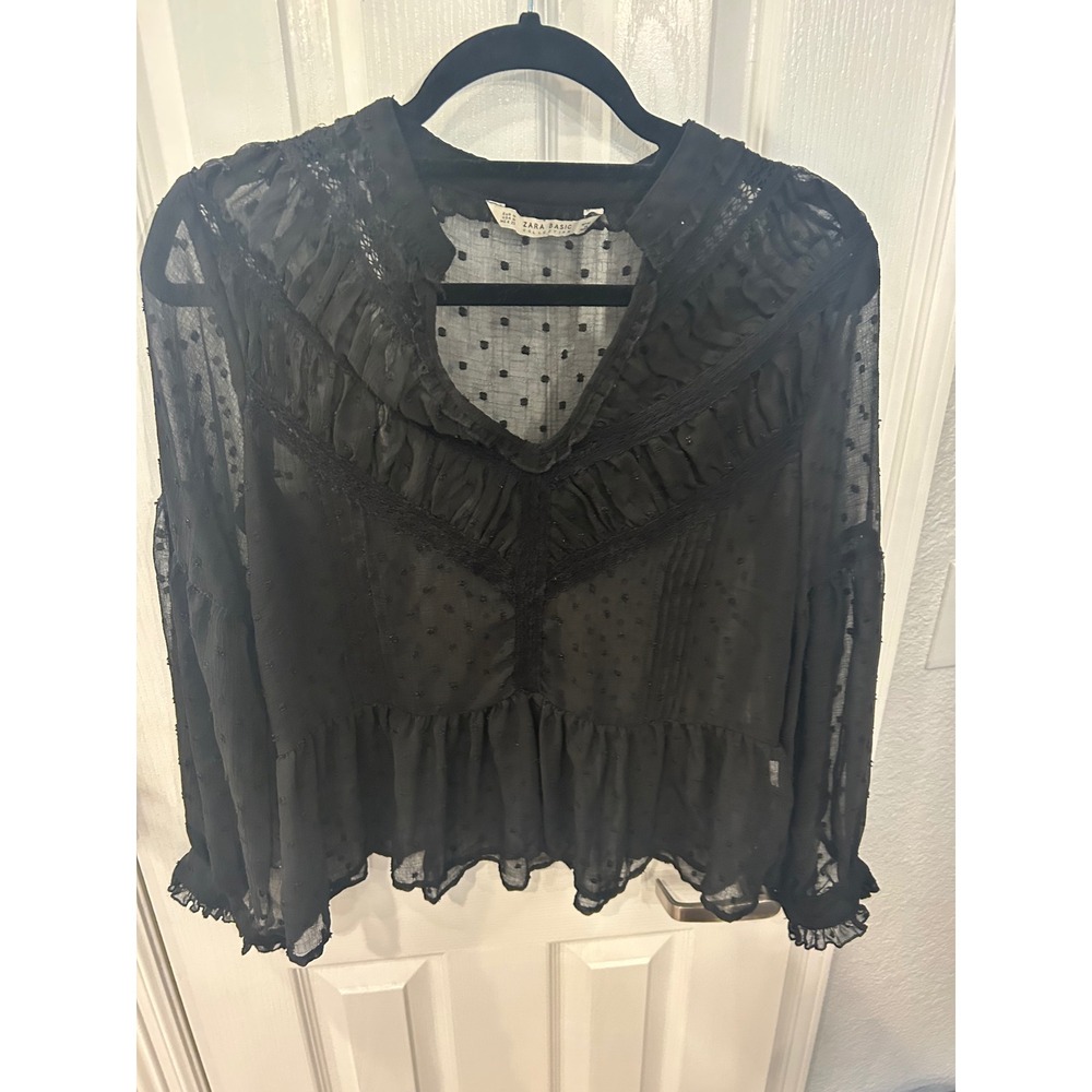 Zara Basic Blouse Black Swiss Dot Lace Trim Peplum Victorian Romantic Top